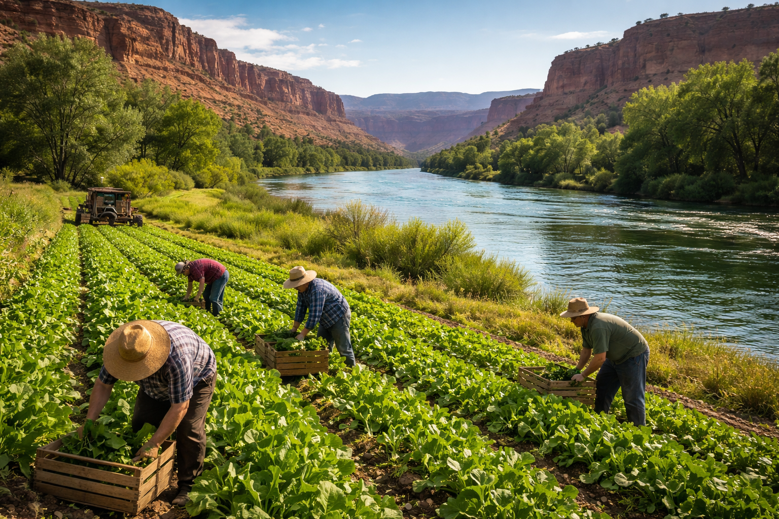 Farmers working in a field by the Colorado River